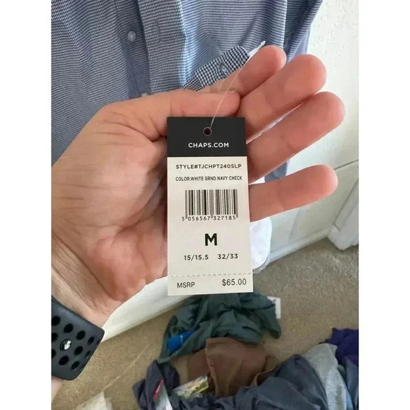 NWT Chaps White & Navy Checked Slim fit Long Sleeve golf button up - Size M - Picture 3 of 5